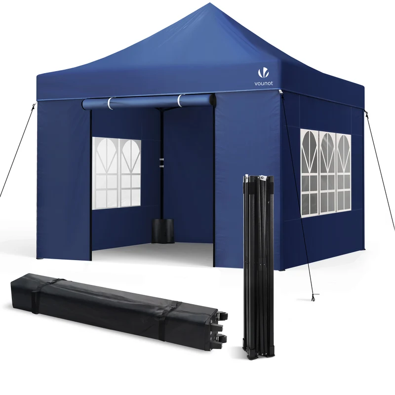 Tonnelle de jardin renforcée 3x3m pliable avec 4 parois et sac de transport a roulette bleue