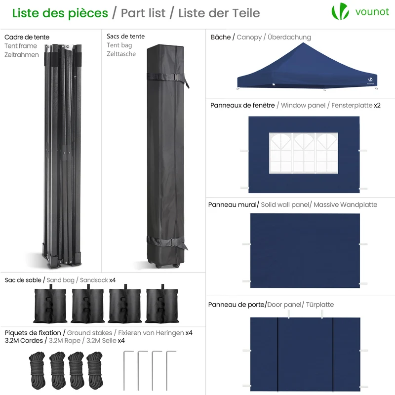 Tonnelle de jardin renforcée 3x3m pliable avec 4 parois et sac de transport a roulette bleue