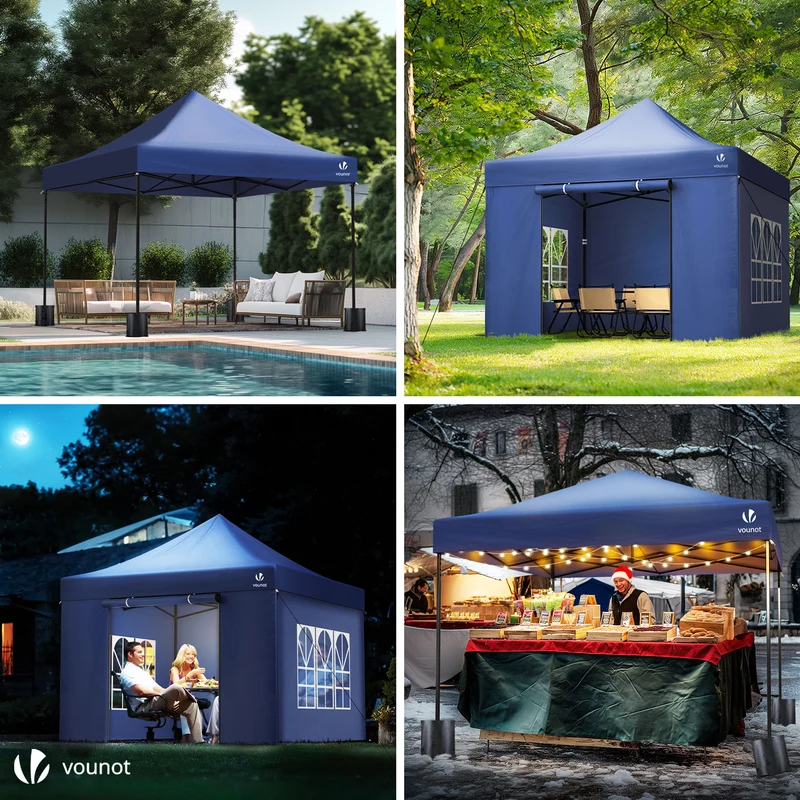 Tonnelle de jardin renforcée 3x3m pliable avec 4 parois et sac de transport a roulette bleue