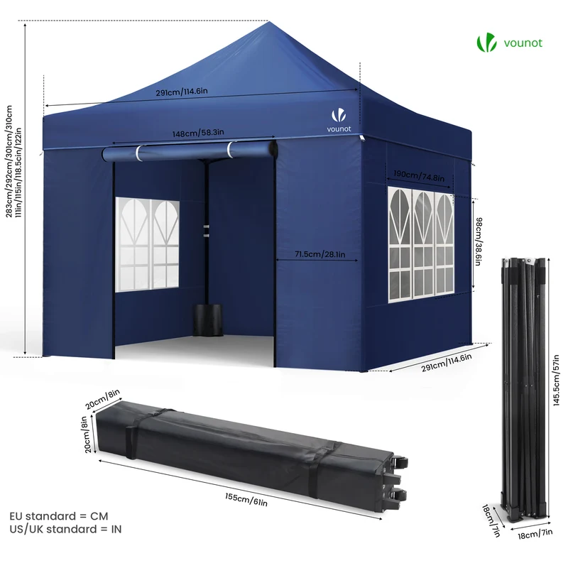Tonnelle de jardin renforcée 3x3m pliable avec 4 parois et sac de transport a roulette bleue