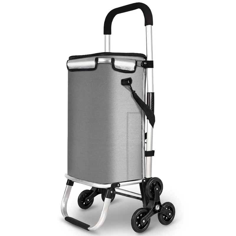 Chariot de courses pliable monte escalier aluminium avec sac isotherme gris