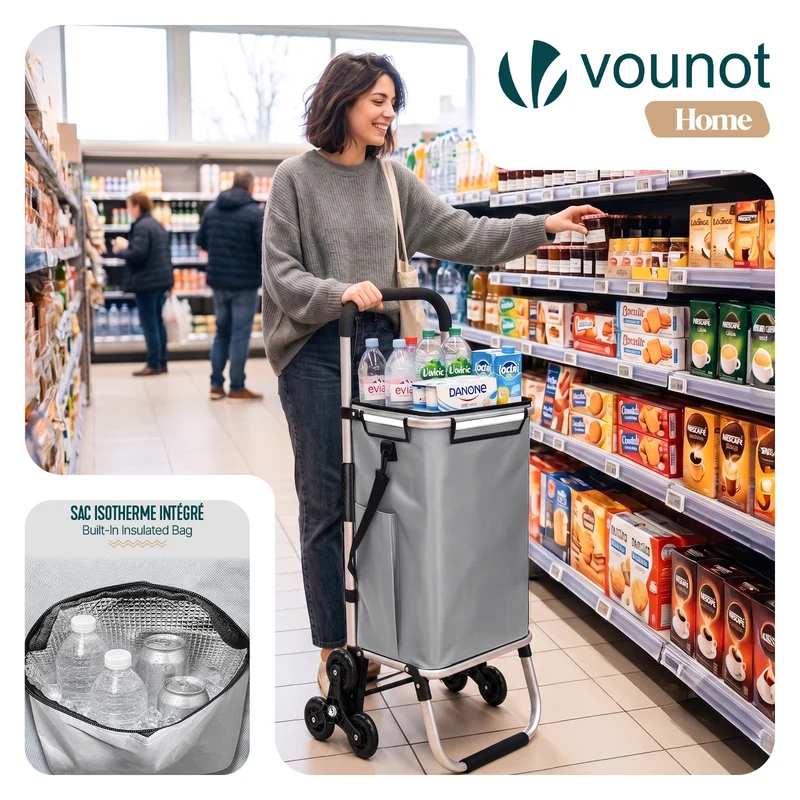 Chariot de courses pliable monte escalier aluminium avec sac isotherme gris