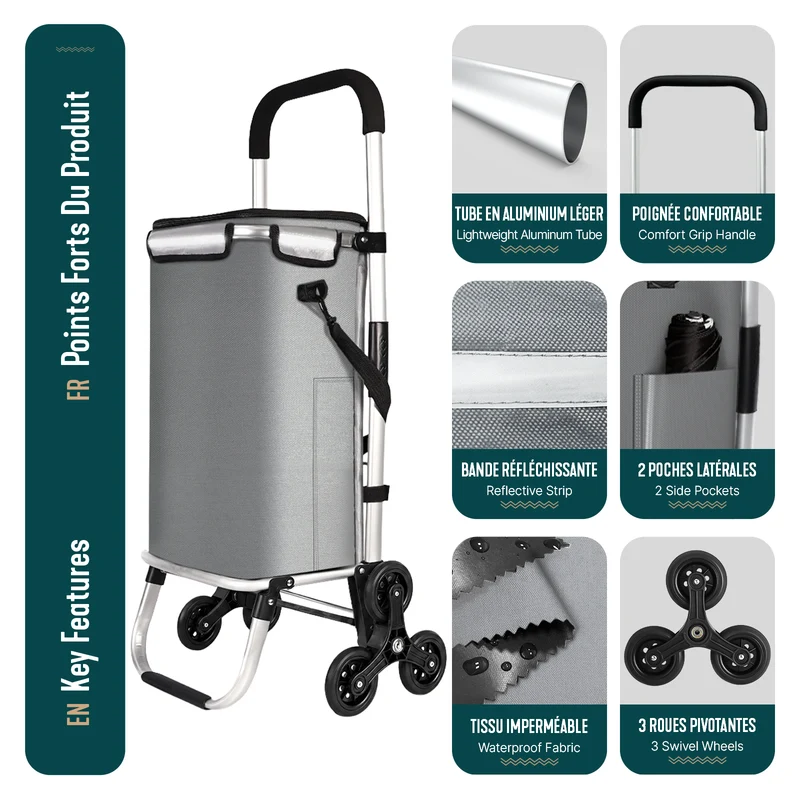 Chariot de courses pliable monte escalier aluminium avec sac isotherme gris