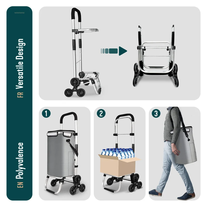 Chariot de courses pliable monte escalier aluminium avec sac isotherme gris
