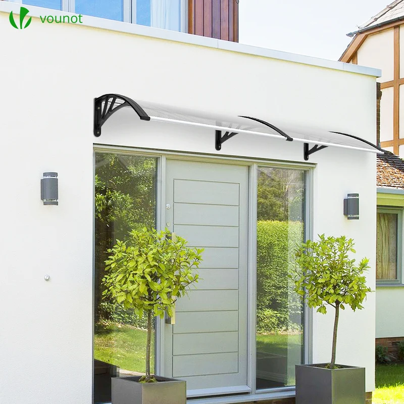 Auvent de porte marquise 200x80 cm transparent en Polycarbonate anti UV Noir