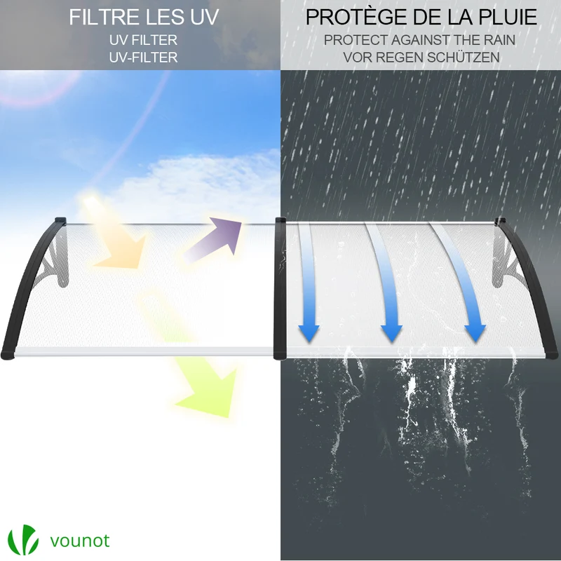 Auvent de porte marquise 200x80 cm transparent en Polycarbonate anti UV Noir