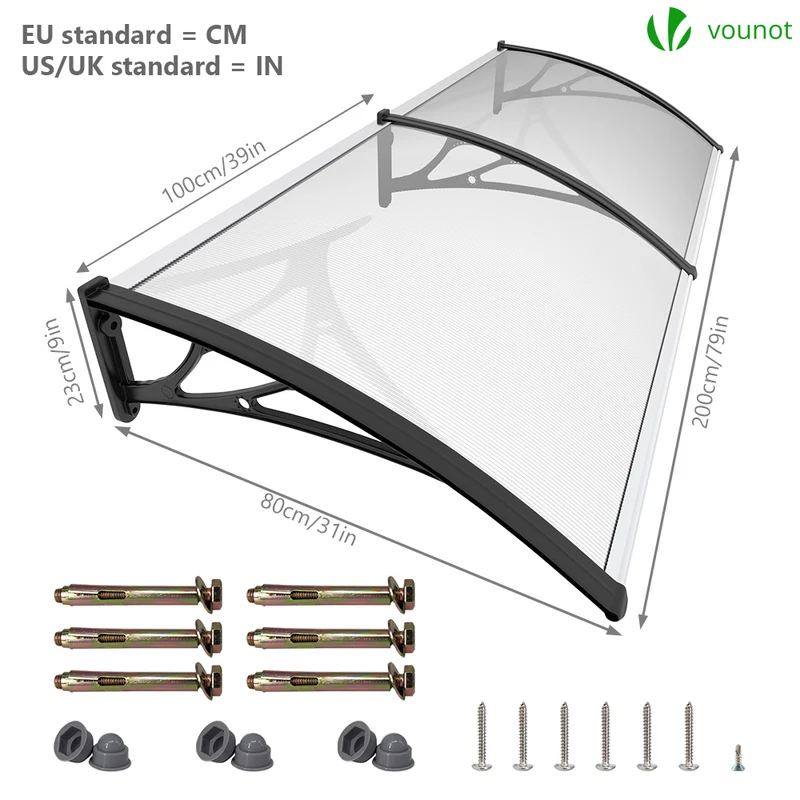 Auvent de porte marquise 200x80 cm transparent en Polycarbonate anti UV Noir