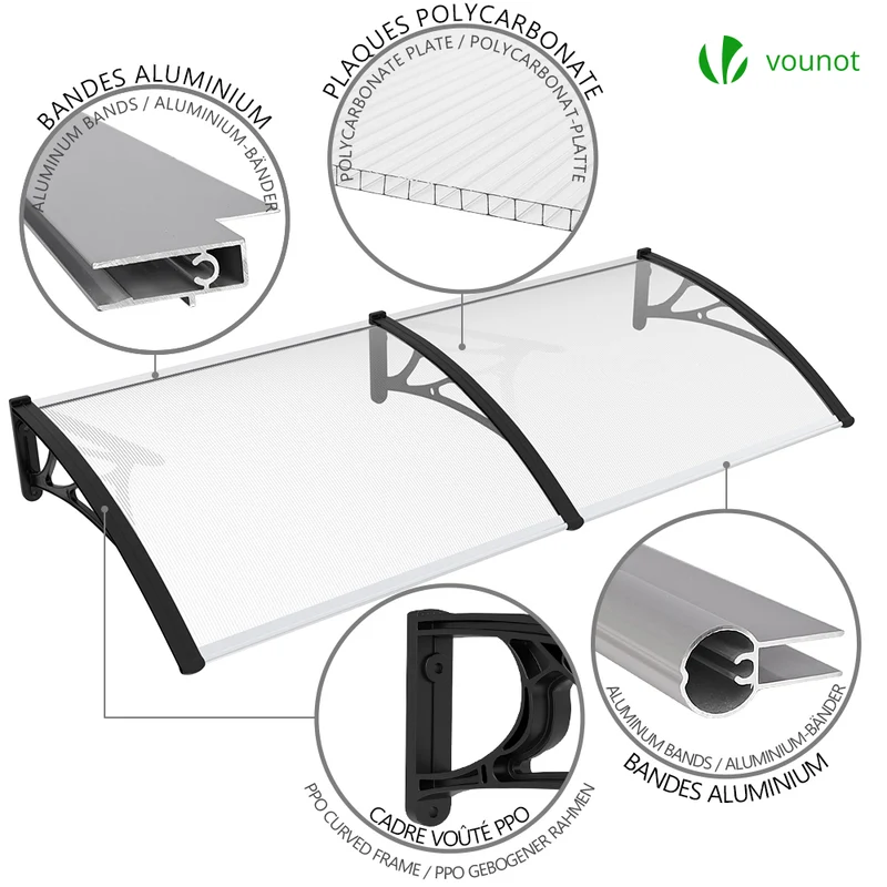 Auvent de porte marquise 200x80 cm transparent en Polycarbonate anti UV Noir