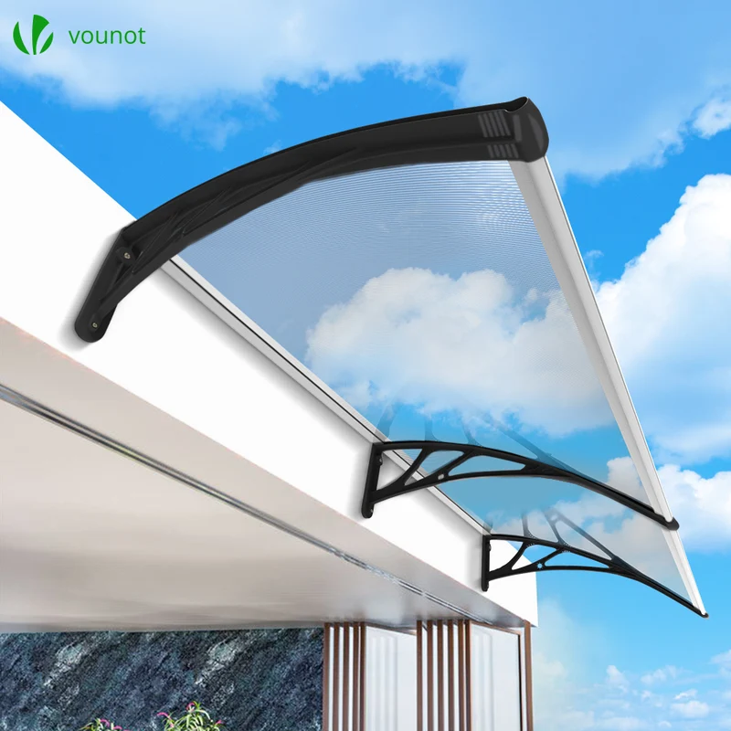 Auvent de porte marquise 200x80 cm transparent en Polycarbonate anti UV Noir