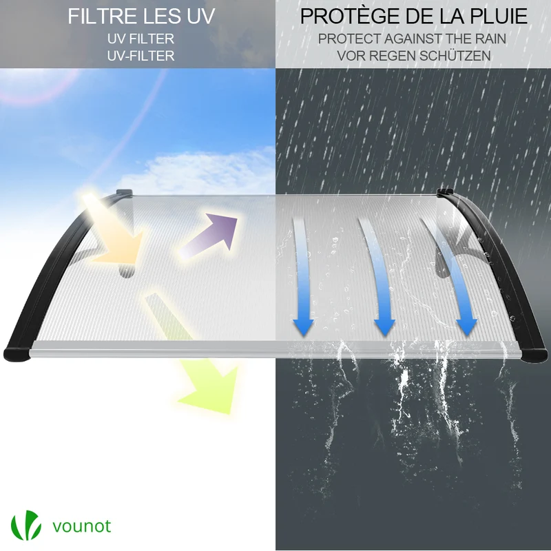 Auvent de porte marquise 120x80 cm transparent en Polycarbonate anti UV Noir