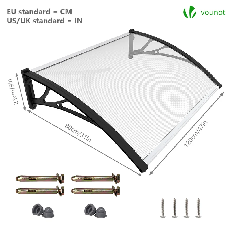 Auvent de porte marquise 120x80 cm transparent en Polycarbonate anti UV Noir
