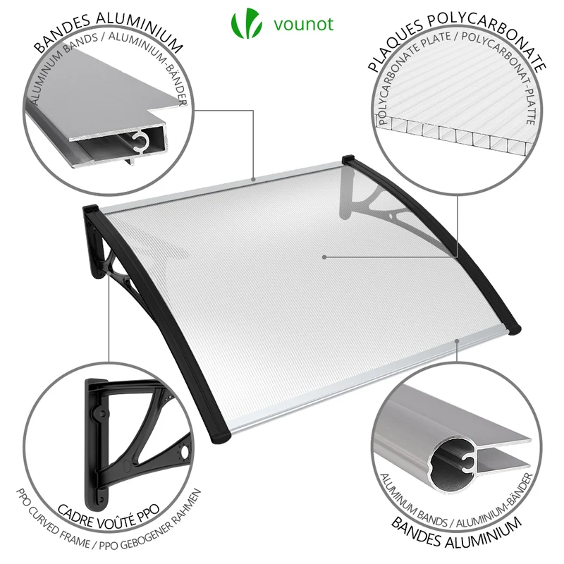 Auvent de porte marquise 120x80 cm transparent en Polycarbonate anti UV Noir