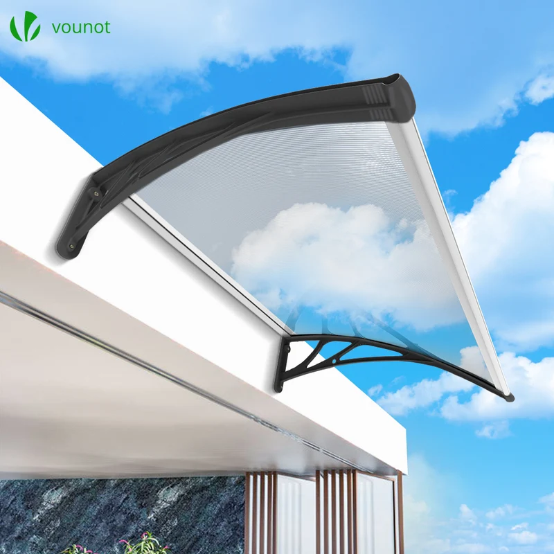 Auvent de porte marquise 120x80 cm transparent en Polycarbonate anti UV Noir