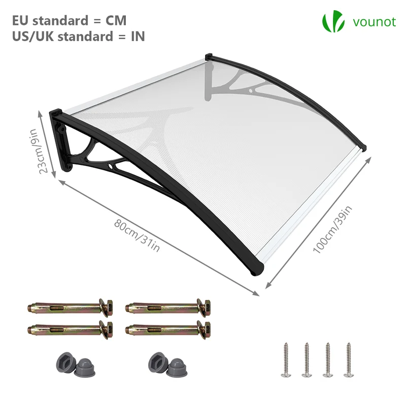 Auvent de porte marquise 100x80 cm transparent en Polycarbonate anti UV Noir