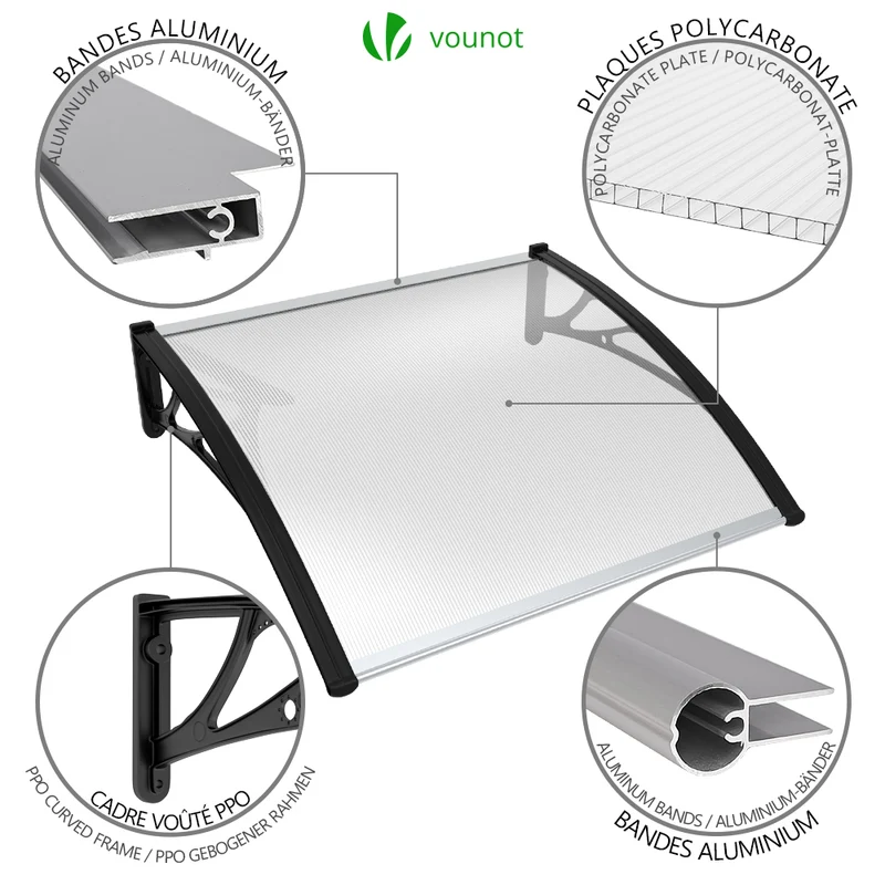 Auvent de porte marquise 100x80 cm transparent en Polycarbonate anti UV Noir