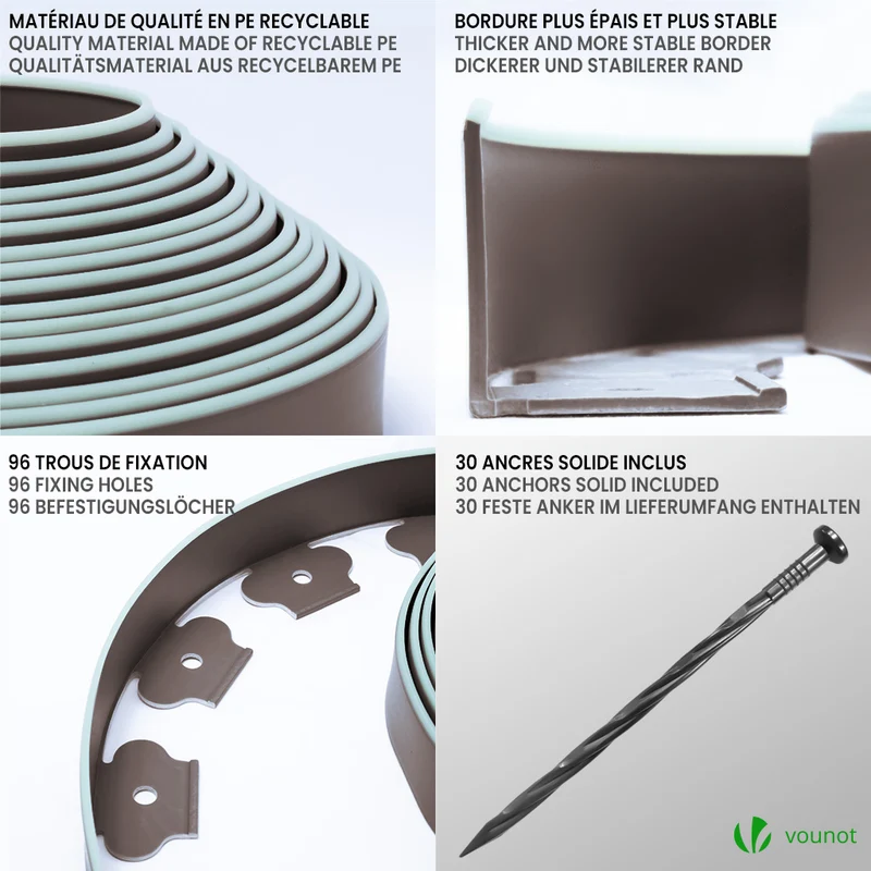 Bordure de jardin plastique flexible 10m avec piquets marron bordé de vert clair