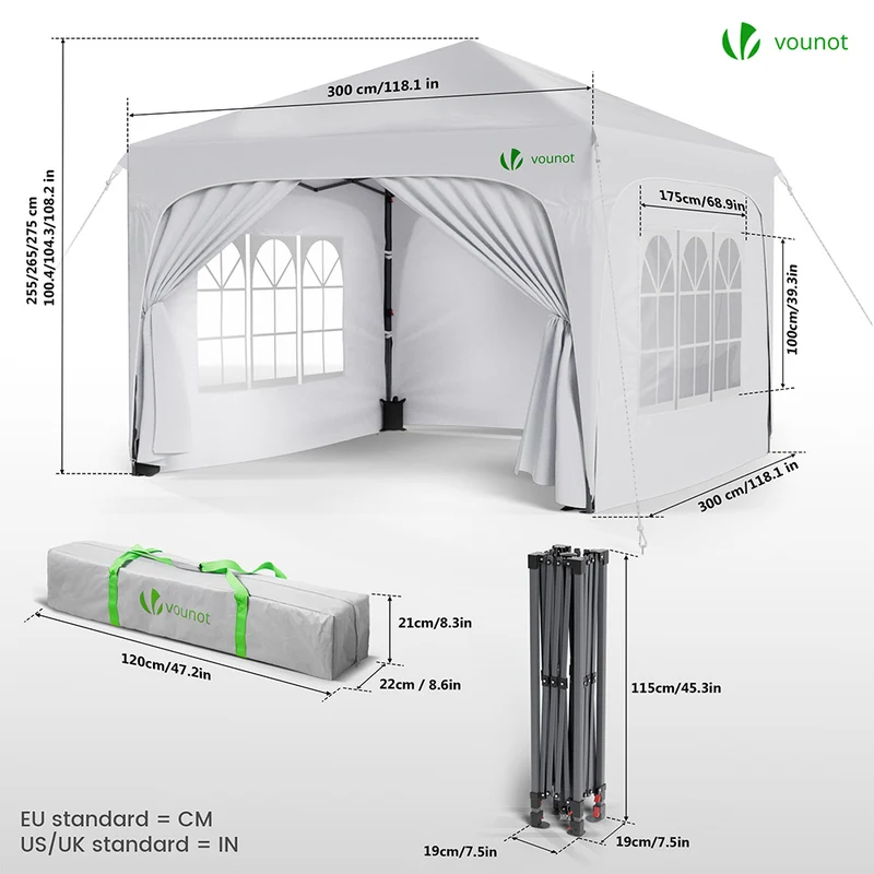 Tonnelle de jardin Arquee 3x3m Pliable avec porte et fenetre amovible blanc