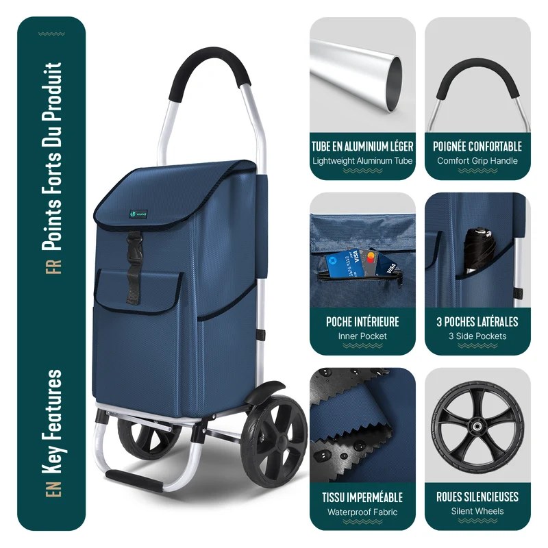 Chariot de course pliable aluminium 2 roues bleu marine