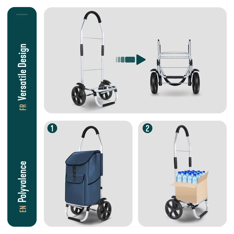 Chariot de course pliable aluminium 2 roues bleu marine