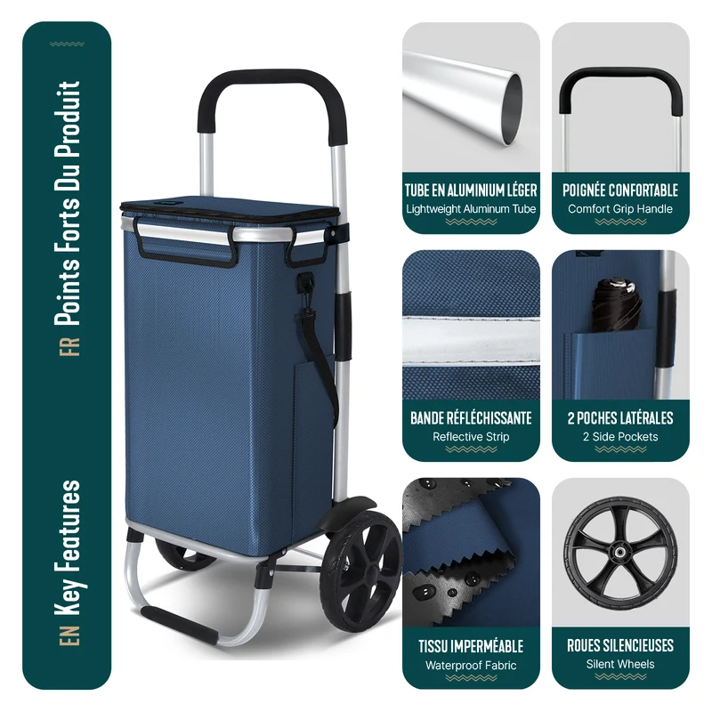 Chariot de course pliable aluminium 2 roues avec sac isotherme bleu marine