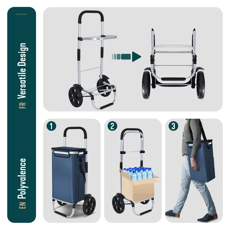 Chariot de course pliable aluminium 2 roues avec sac isotherme bleu marine