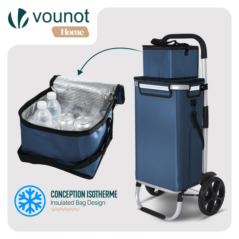 Chariot de course pliable aluminium 2 roues avec sac isotherme bleu marine