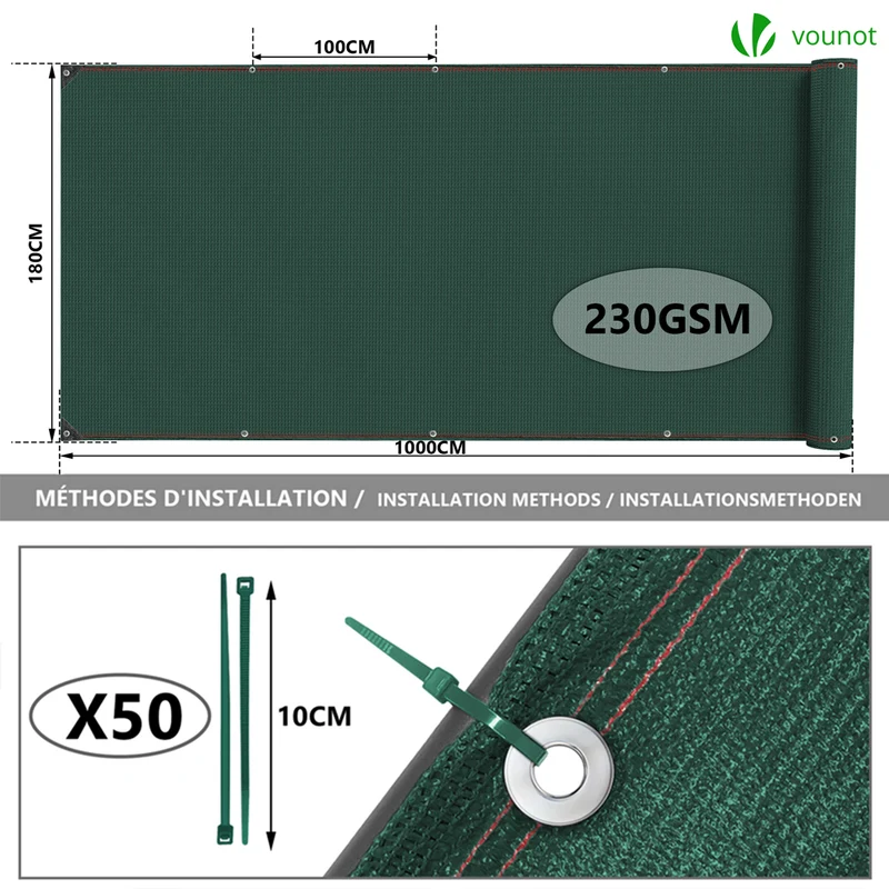 Brise vue occultant en HDPE 230g/m² 1.8x10m avec attaches de fixation vert