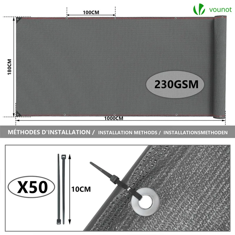 Brise vue occultant en HDPE 230g/m² 1.8x10m avec attaches de fixation gris