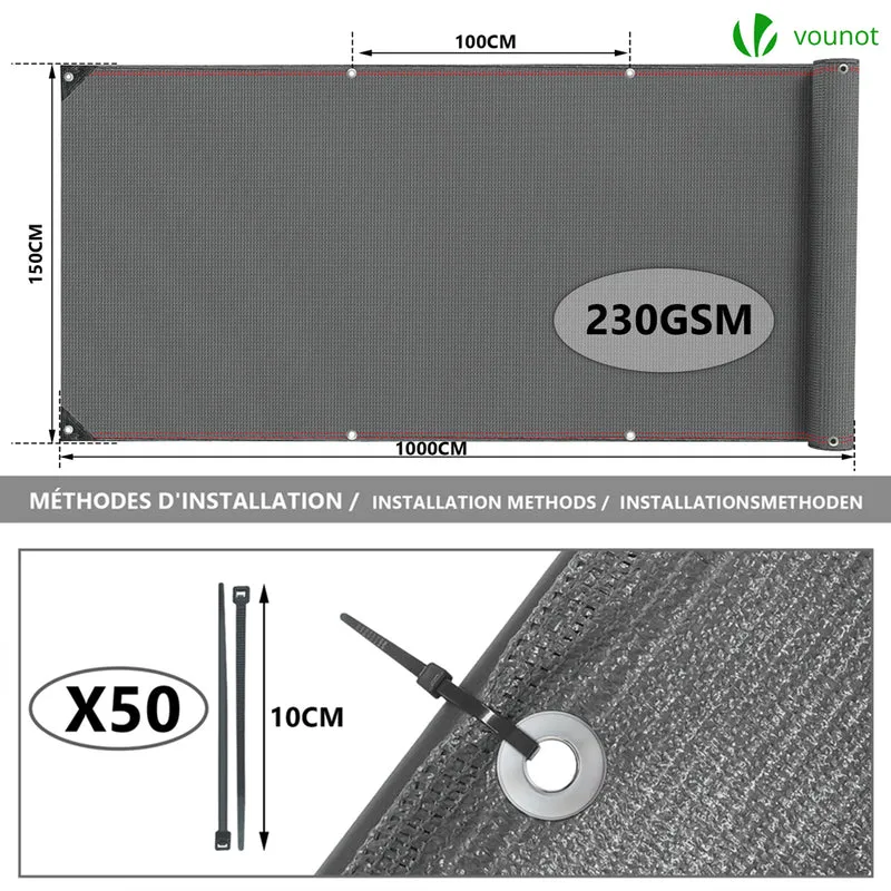 Brise vue occultant en HDPE 230g/m² 1.5x10m avec attaches de fixation gris
