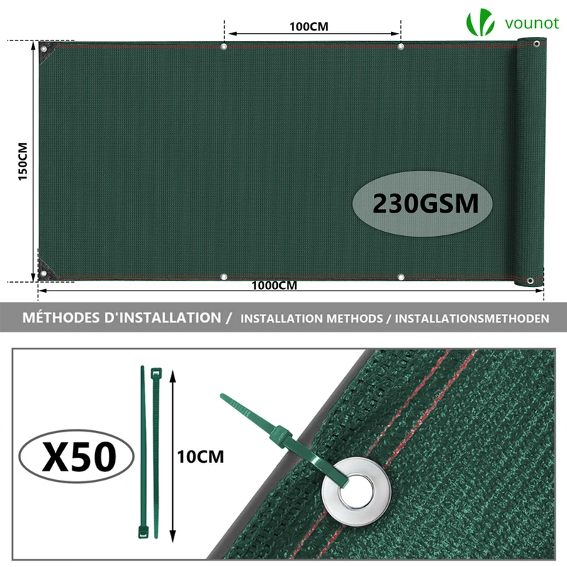 Brise vue occultant en HDPE 230g/m² 1.5x10m avec attaches de fixation vert