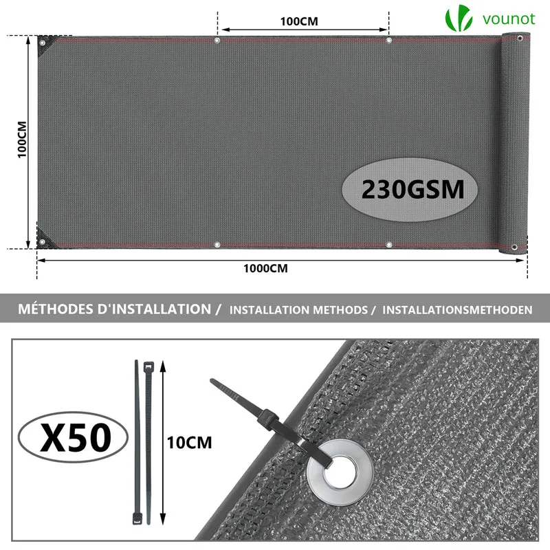 Brise vue occultant en HDPE 230g/m² 1x10m avec attaches de fixation gris