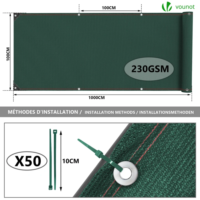 Brise vue occultant en HDPE 230g/m² 1x10m avec attaches de fixation vert