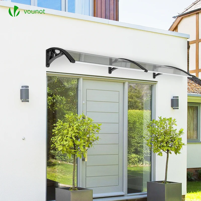 Auvent de porte marquise 200x80 cm transparent en Polycarbonate anti UV Noir
