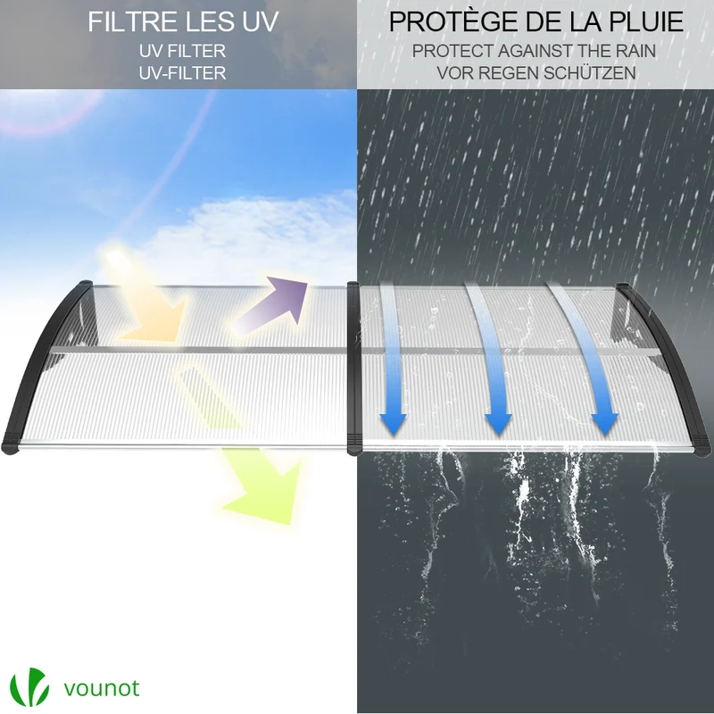 Auvent de porte marquise 200x80 cm transparent en Polycarbonate anti UV Noir