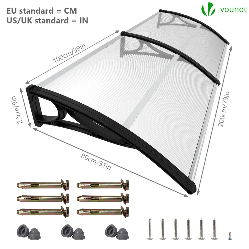 Auvent de porte marquise 200x80 cm transparent en Polycarbonate anti UV Noir