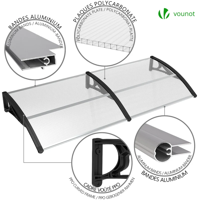 Auvent de porte marquise 200x80 cm transparent en Polycarbonate anti UV Noir