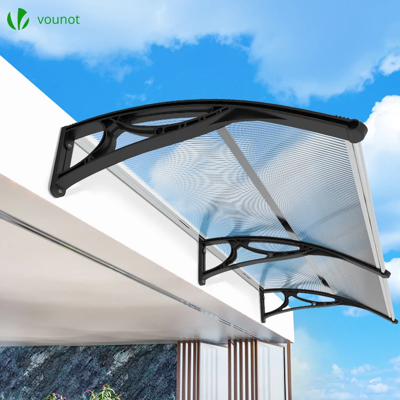 Auvent de porte marquise 200x80 cm transparent en Polycarbonate anti UV Noir