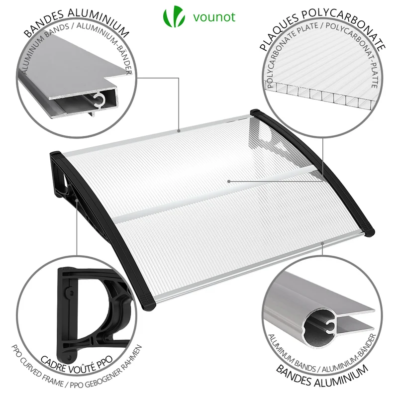 Auvent de porte marquise 120x80 cm transparent en Polycarbonate anti UV Noir