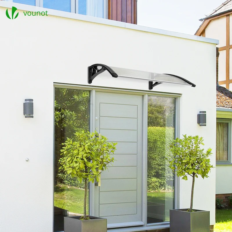 Auvent de porte marquise 100x80 cm transparent en Polycarbonate anti UV Noir