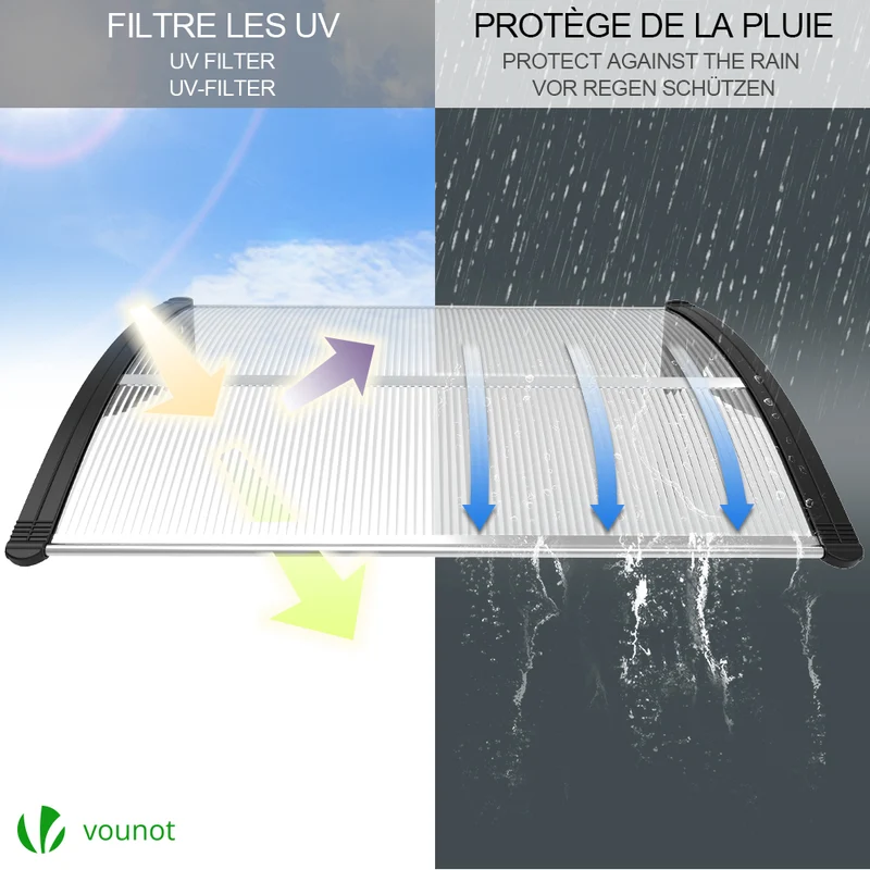 Auvent de porte marquise 100x80 cm transparent en Polycarbonate anti UV Noir