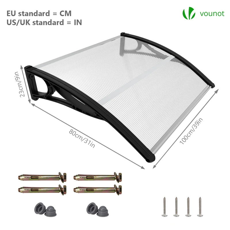 Auvent de porte marquise 100x80 cm transparent en Polycarbonate anti UV Noir