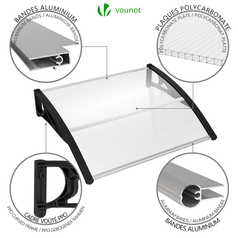 Auvent de porte marquise 100x80 cm transparent en Polycarbonate anti UV Noir