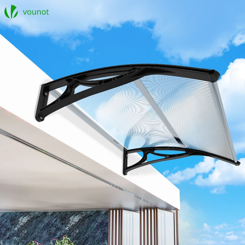 Auvent de porte marquise 100x80 cm transparent en Polycarbonate anti UV Noir