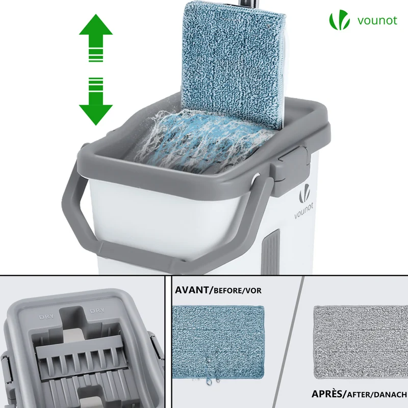 Balai microfibre et Seau Essoreur avec 6 serpillères Réutilisables Balai Plat Double compartiment blanc
