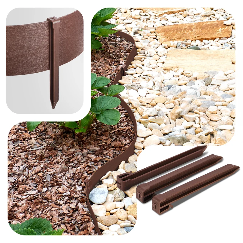 Bordure de jardin PE haute flexible 10M avec piquets marron