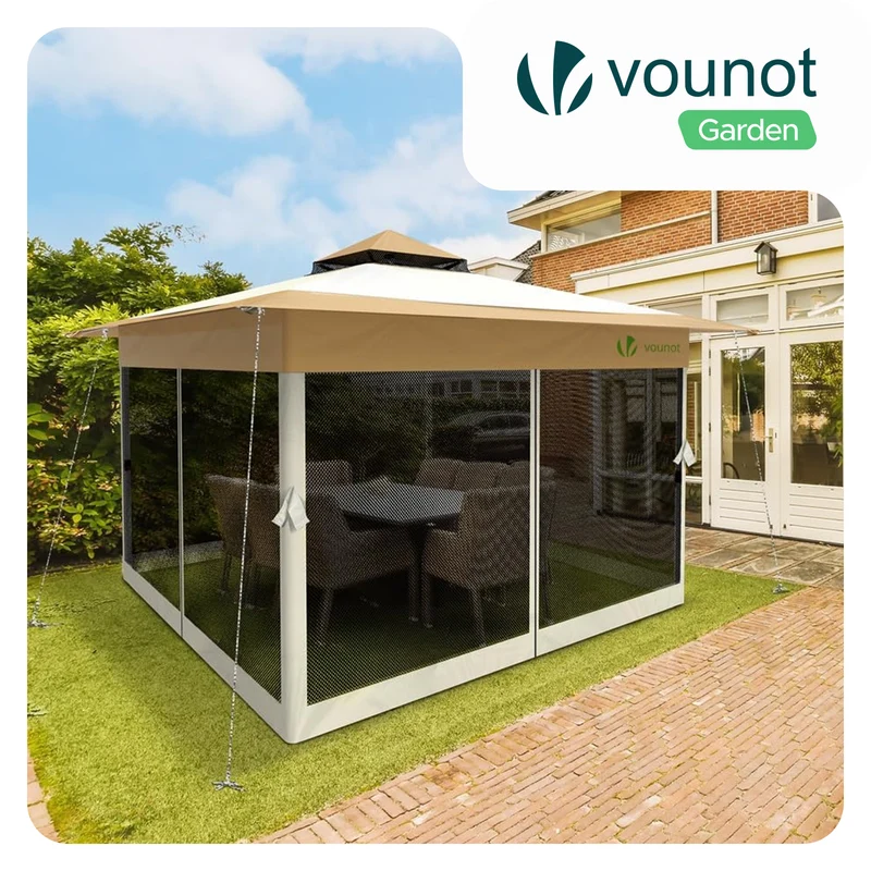 Tonnelle de jardin exterieure pliable avec moustiquaire 3.6x3.6m beige
