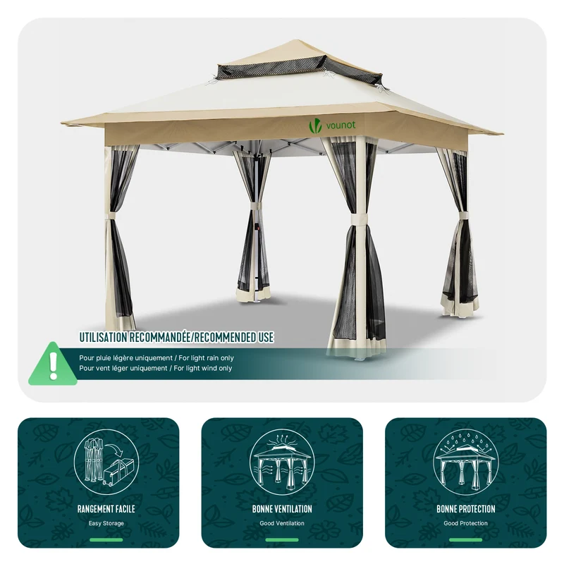 Tonnelle de jardin exterieure pliable avec moustiquaire 3.6x3.6m beige