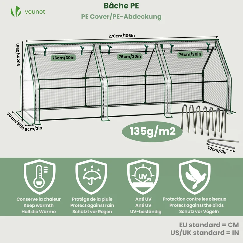Mini Serre de jardin avec 3 portes enroulables bache PE renforcee 135g/m2 270x90x90cm Blanc