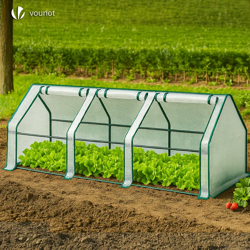 Mini Serre de jardin avec 3 portes enroulables bache PE renforcee 135g/m2 270x90x90cm Blanc