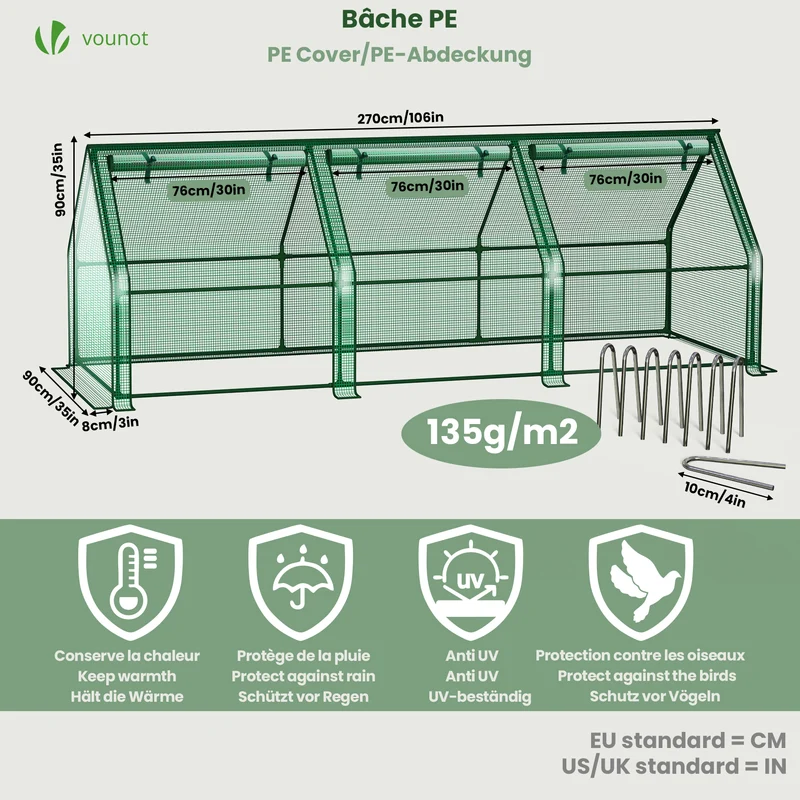 Mini Serre de jardin avec 3 portes enroulables bache PE renforcee 135g/m2 270x90x90cm Vert
